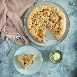 Apfel-Rhabarber-Tarte auf grauem Untergrund. Ein Stück herausgeschnitten. Daneben ein gestricktes rosa Tuch.