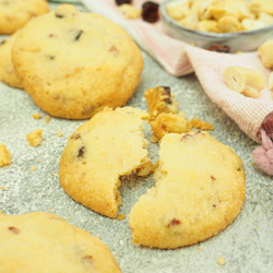 Detailaufnahme: Cranberry Cookie mit Cashwekernen und weißer Schokolade durchgebrochen.